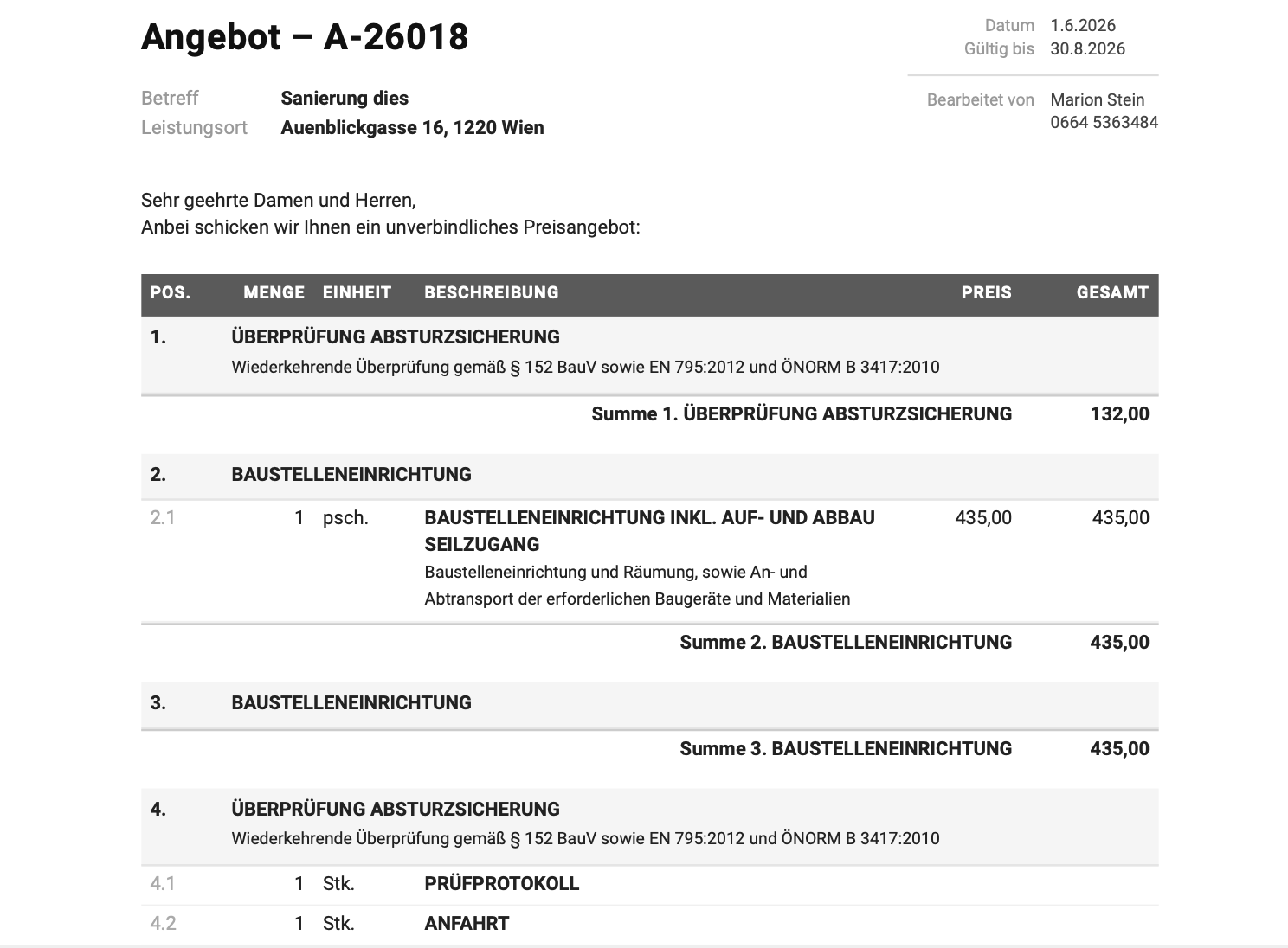 Beispiel eines VERTIQO-Angebots — professionell auf Briefpapier, mit korrekter Steuer, als PDF